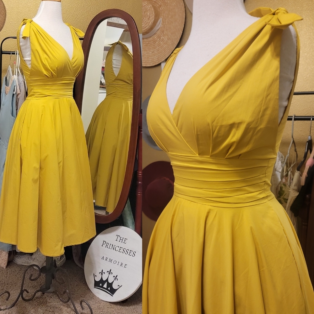 Retro VTG Yellow Sally Fitted Midi Dress - Picture 3 of 7